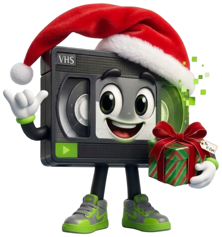 Digit the mascot wearing a Santa hat and holding a wrapped gift