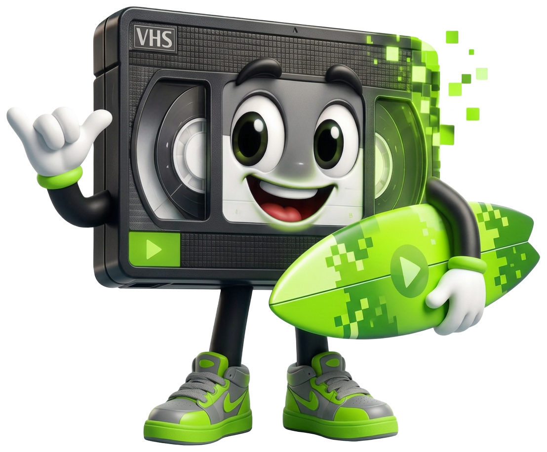 Digit, the Just Digitize memory keeper mascot, flashing hang loose while holding a surfboard